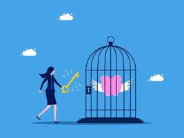a woman is holding a key to open a cage with a heart inside vector