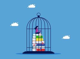 a bird in a cage with books on top vector