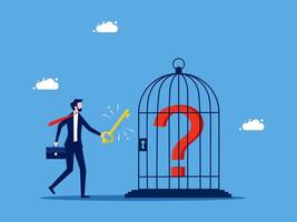 businessman with key to cage with question mark vector