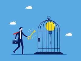 businessman with key to open cage with light bulb vector
