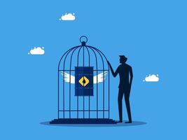 man in suit standing next to a cage with a yellow bird vector