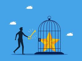 a man is holding a key to open a cage with a star vector