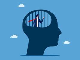 man is standing inside a human head with a cage vector