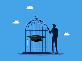 businessman is standing in front of a cage with a graduation cap on it vector