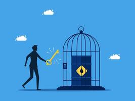 a man is holding a key to open a cage with a key inside vector