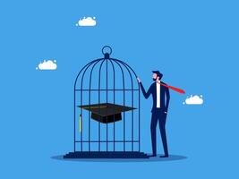man is standing in front of a cage with a graduation cap on it vector