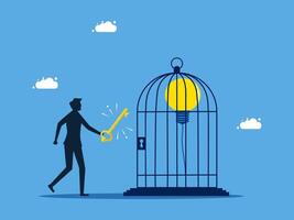man holding key to unlock the cage with light bulb vector