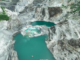 Open pit mine industry. Limestone quarry with backhoe and truck in operation. Heavy machinery in mining industry and construction material supply. Landscape of resource extraction in a industrial site photo