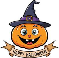 Smiling Pumpkin Jack o' Lantern in Cartoon Style with 'Happy Halloween' Text vector