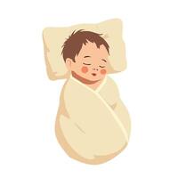 Adorable illustration of a sleeping baby wrapped in a soft blanket with a pillow. Perfect for baby themed designs, parenting projects, or nursery decorations. vector