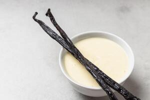 Vanilla pudding in white bowl on grey photo