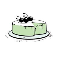 Delicious green cake with cherries served on a white plate at a dessert table vector