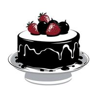 Chocolate cake topped with strawberries and blueberries on a white plate vector