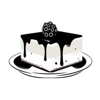 Delicious dessert featuring creamy layers topped with chocolate sauce and fresh berries vector