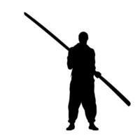 Martial artist practicing with a long staff in a minimalist setting during daytime vector