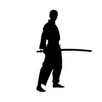 Warrior poised for action with katana in hand during combat training session vector
