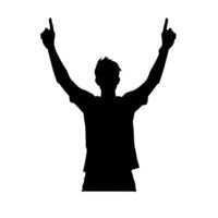 Person celebrating with arms raised in joy during an event under bright lighting vector