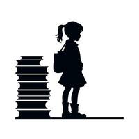 Child standing next to stack of books ready for school in minimalist silhouette style vector