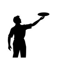 Waiter performing a serving gesture in silhouette against a white background vector