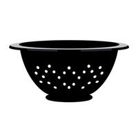 Black colander with perforated design used for draining food in a kitchen setting vector