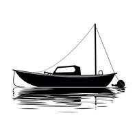 Black silhouette of a small boat floating on calm water during sunset vector