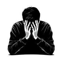 Emotional distress shown by a person with head in hands and somber expression vector
