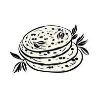Artistic depiction of three stacked flatbreads with olives and herbs vector