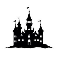 Enchanted castle silhouette with multiple towers and flags standing against a white background vector