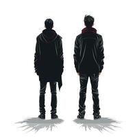 Two silhouetted figures stand back to back in a minimalist urban setting during twilight vector
