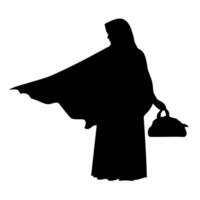 Silhouette of a woman holding a bag with a flowing cape in a serene setting vector