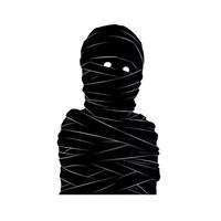 Mummy figure wrapped in bandages stands in shadow with glowing eyes at night vector
