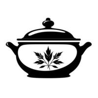 Elegant black silhouette of a decorative soup pot featuring a leaf design vector