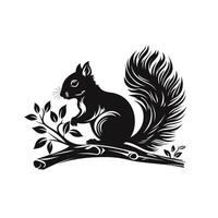 Black silhouette of a squirrel sitting on a branch with leaves in a dynamic pose vector