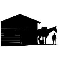 Silhouette of a cowboy and horse next to a stable during sunset vector