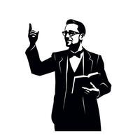 Scholar presenting insights in formal attire during a lecture at an academic event vector