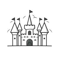 Creative drawing of a whimsical castle with multiple towers and flags vector