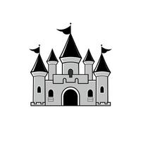 Majestic castle with dark towers and flags set against a plain background vector