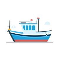 Colorful fishing boat docked by the shore with a tranquil background and clear skies vector