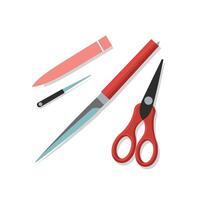 Crafting tools including scissors, blade, and needle set on a white background vector