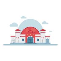Bright red building with domes and arches in a serene landscape under a light sky vector