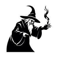 Mysterious wizard casting a spell with a glowing wand in a dark setting vector