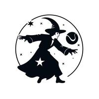 Witch practicing magic while playing tennis under a starry night sky vector