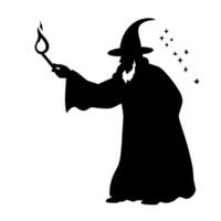 Mysterious wizard casting spells under a starry sky during twilight hours vector