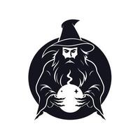 Mysterious wizard holding a crystal ball in a mystical pose vector