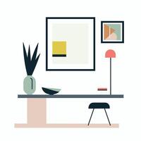 Modern interior workspace with minimalistic decor and artistic elements vector