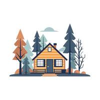Cozy cabin surrounded by tall trees in a serene forest setting during autumn vector
