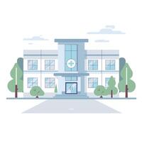 Modern hospital building surrounded by trees and greenery in a serene environment vector