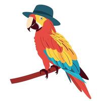 Parrot dressed in a blue hat sitting on a branch with colorful feathers vector