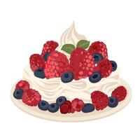 Delicious dessert topped with fresh berries and whipped cream at a summer gathering vector