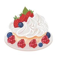 Freshly baked cupcake topped with whipped cream and berries on a white plate vector